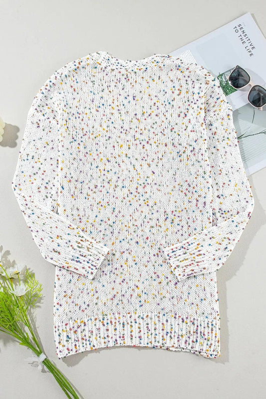 Sweaters & Cardigans/Cardigans White Multicolor Dotted Rib Knit Long Sleeve Cardigan