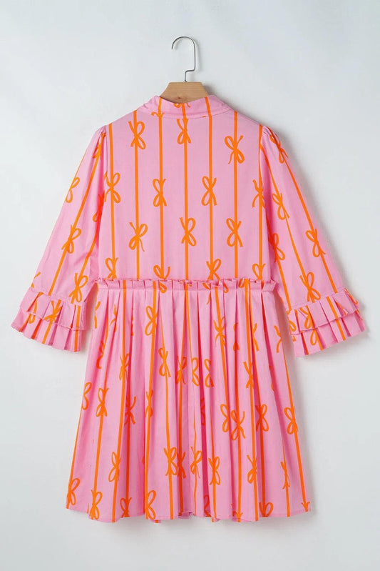 Dresses/Mini Dresses Pink Bowknot Striped Printed Tiered Ruffled Mini Shirt Dress