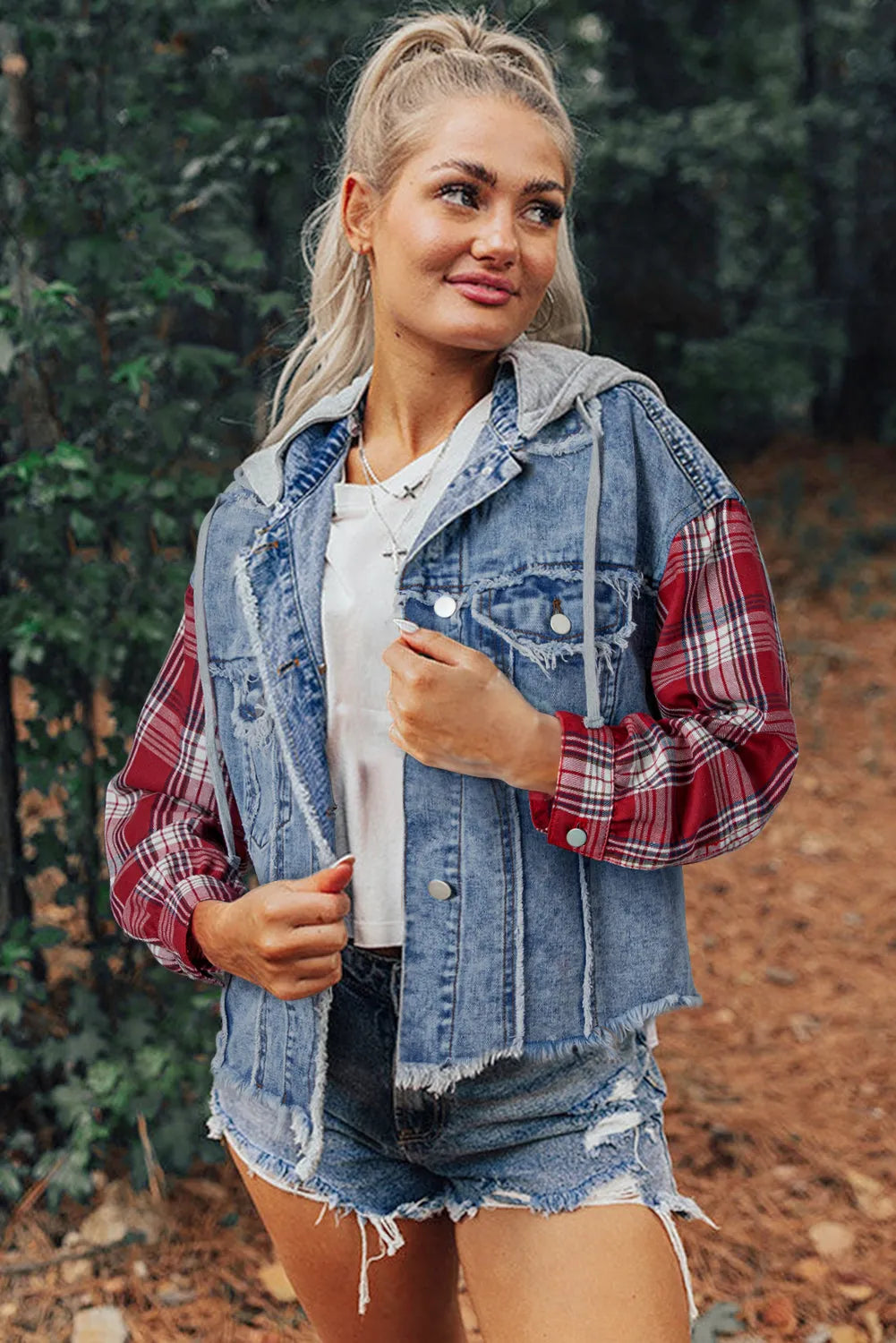 Beau Blue Plaid Print Patchwork Hooded Raw Hem Denim Jacket - Chic Meadow Boutique