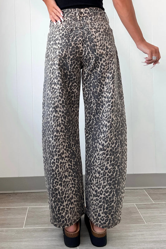 Black Leopard Print High Waist Barrel Jeans