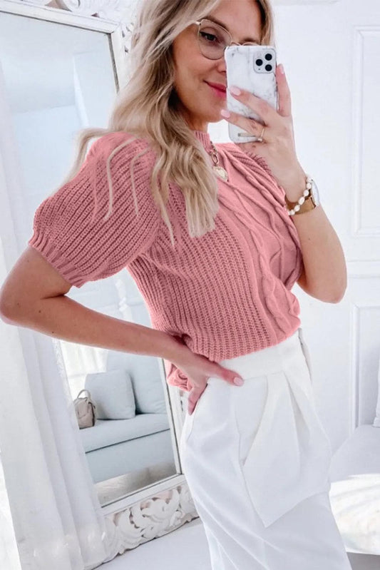 Tops/Short Sleeve Sweaters Pink Cable Knit Mixed Textured Short Sleeve Sweater