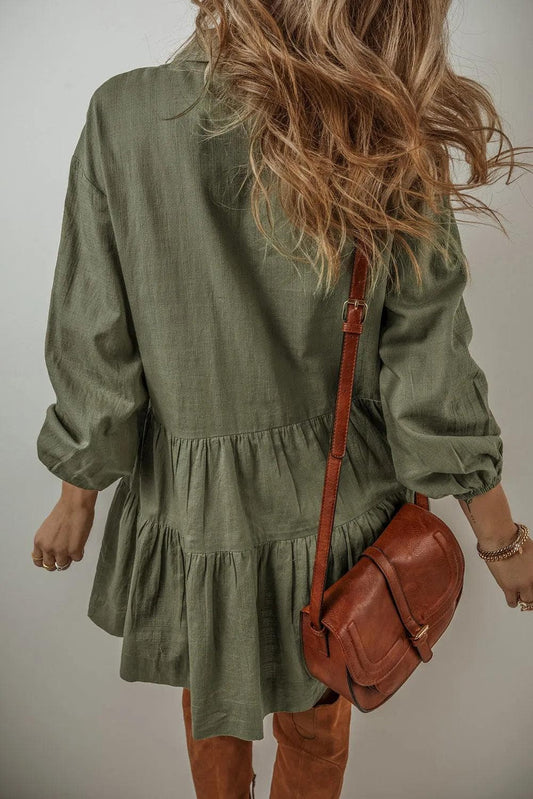 Dresses/Mini Dresses Jungle Green Puff Sleeve Buttoned Tiered Pleated Shirt Mini Dress