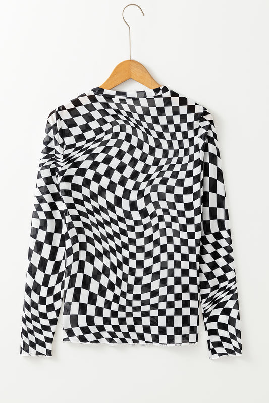 Black Checkered Pattern Mesh Mock Neck Long Sleeve Top