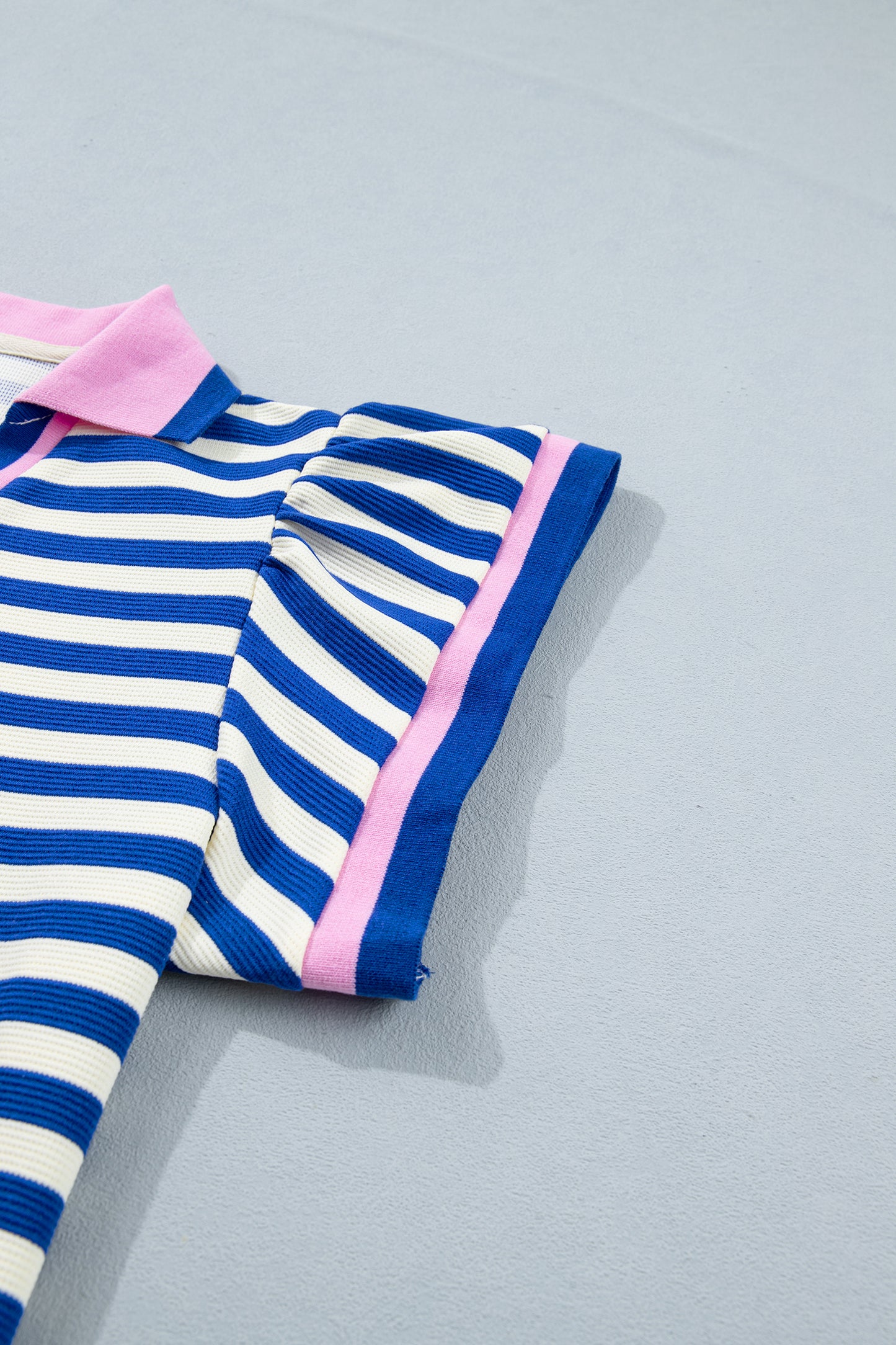Blue Stripe Contrast Trim Polo Collar Ruffled Short Sleeve Blouse