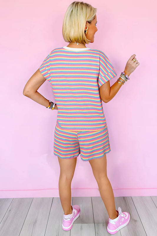 Pink Stripe Crew Neck Tee and Tasseled Drawstring Shorts Set - Chic Meadow Boutique