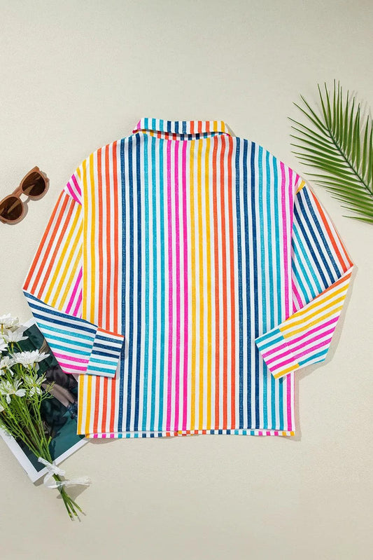 Tops/Blouses & Shirts Orange Stripe Multicolor Drop Shoulder Loose Shirt