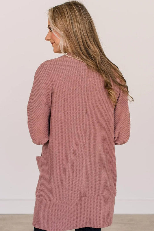 Sweaters & Cardigans/Cardigans Mineral Red Solid Color Waffle Knit Cardigan with Pocket