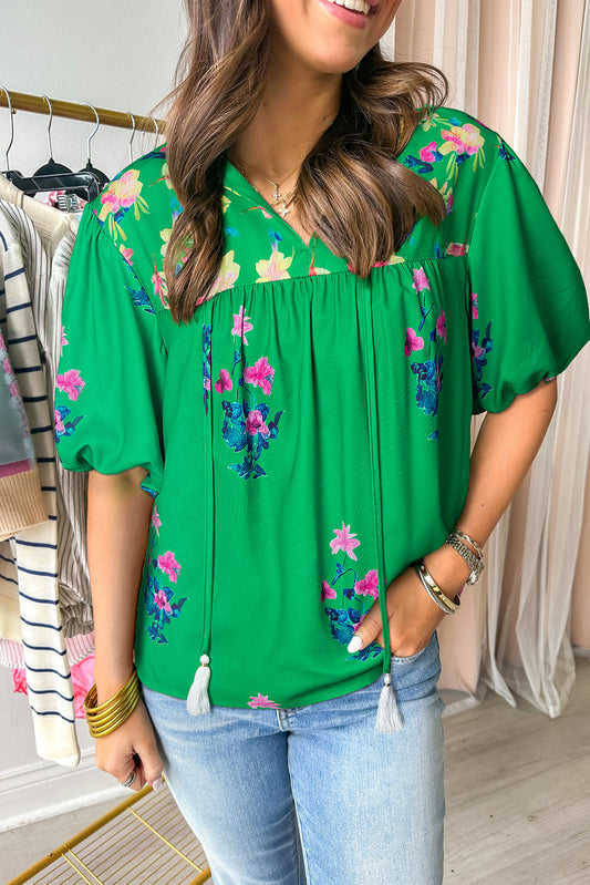 Green Floral Detail Tie Split Neck Short Sleeve Blouse