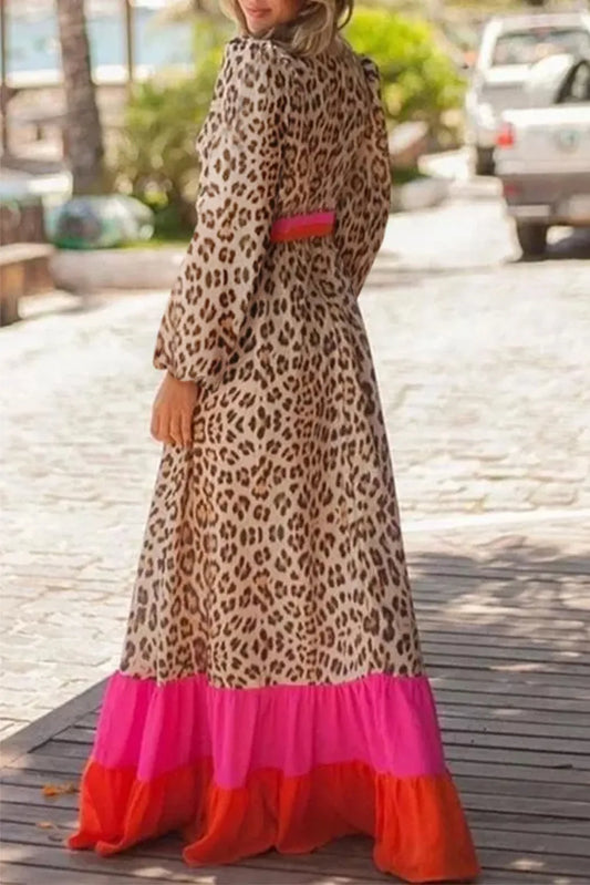 Brown Leopard Color Block V Neck Loose Fit Maxi Dress - Chic Meadow Boutique