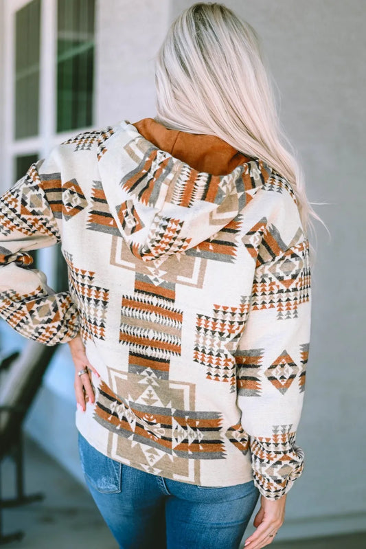 Beige Aztec Print Kangaroo Pocket Half-Zip Hoodie - Chic Meadow Boutique