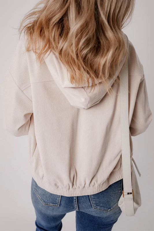 Outerwear/Jackets White Corduroy Drawstring Hooded Pocket Zip Up Jacket