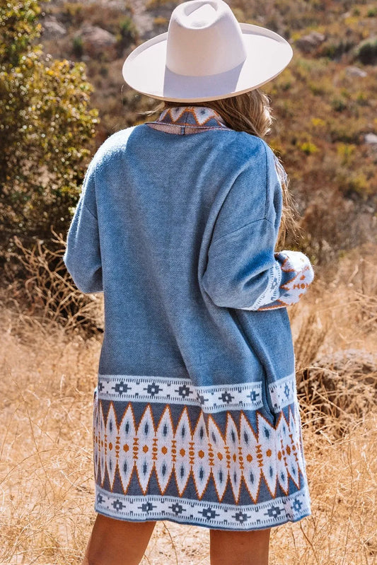 Blue Aztec Print Western Duster Cardigan - Chic Meadow Boutique