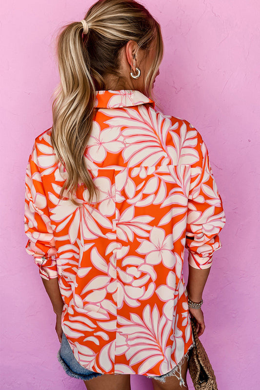 Orange Botanical Print Single Chest Pocket Button Up Shirt