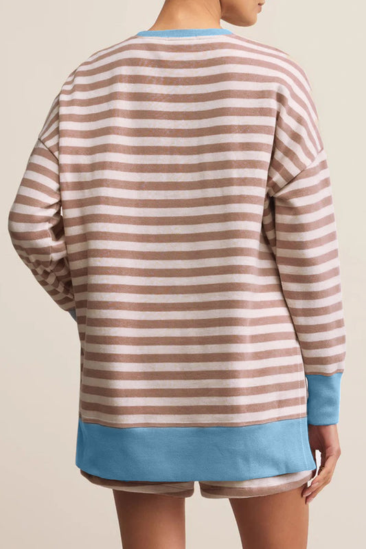 Khaki Stripe Contrast Edge Drop Shoulder Pullover and Shorts Plus Size Set