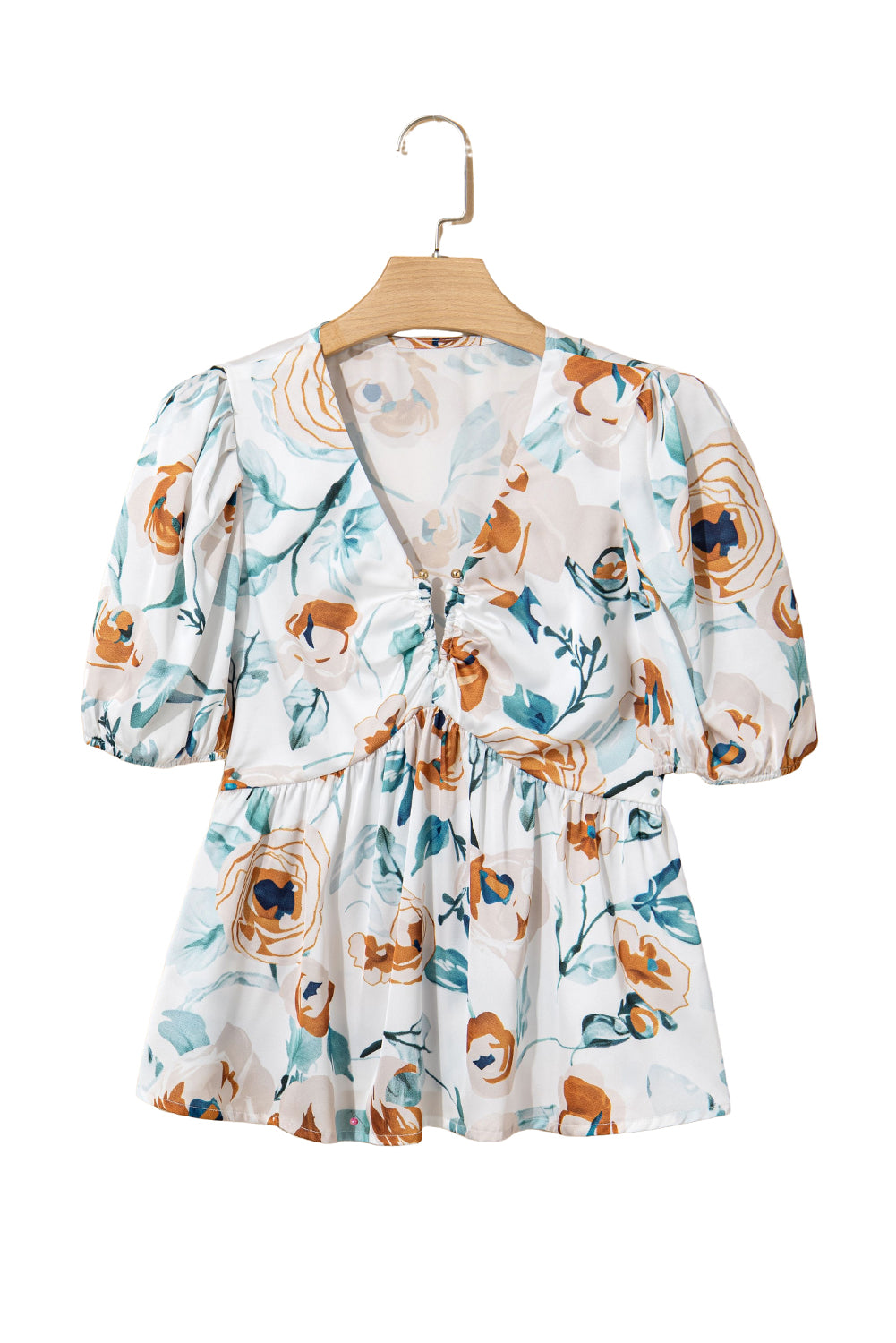 Green Floral Print Puff Sleeve V Neck Babydoll Blouse