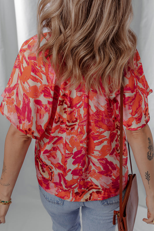 Rose Abstract Print Striped Trim Split Neck Blouse