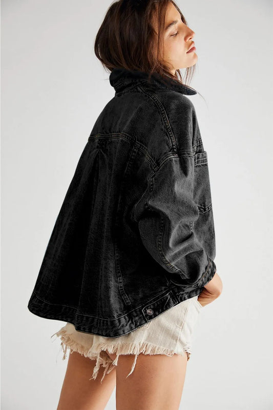 Black Washed Oversize Pocketed Denim Jacket - Chic Meadow Boutique