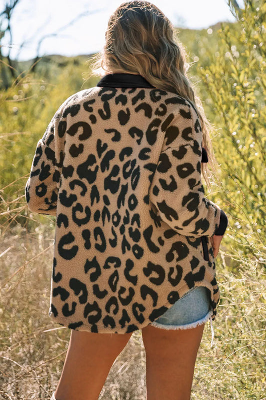 Black Contrast Trimmed Leopard Teddy Shacket - Chic Meadow Boutique