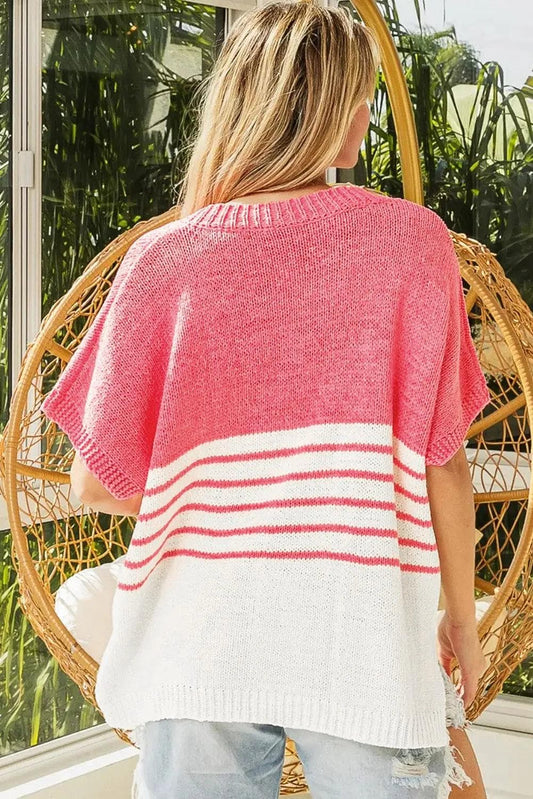 Tops/Short Sleeve Sweaters Strawberry Pink Contrast Stripes V Neck Knitted Short Sleeve Top