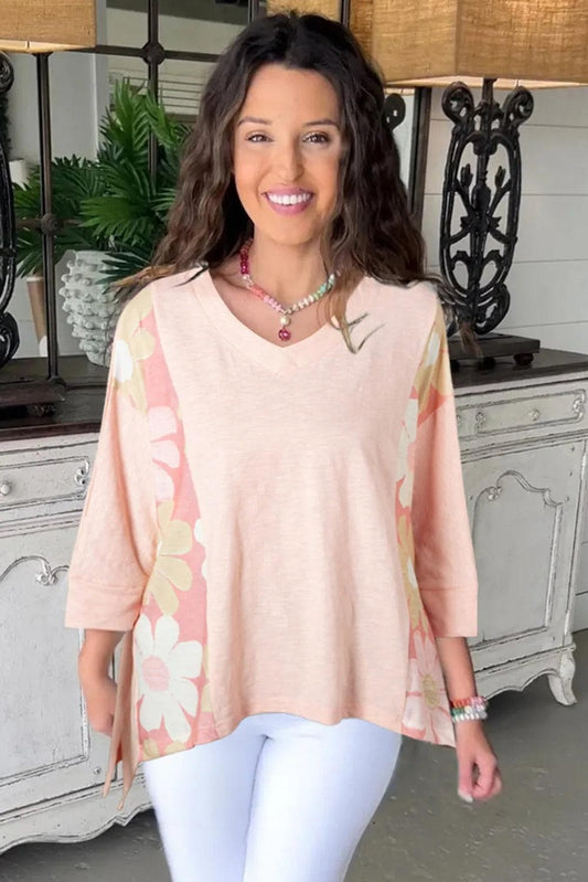 Tops/Long Sleeve Tops Pink Flower Patchwork Exposed Seam Oversized High Low Top