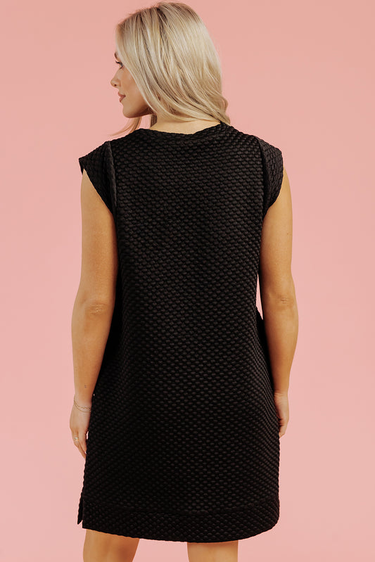 Black Textured Cap Sleeve T-shirt Shift Mini Dress