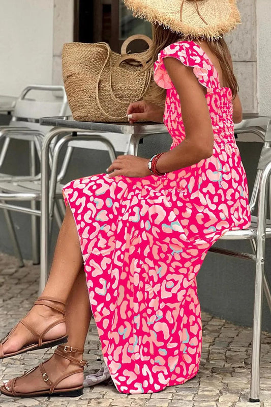 Dresses/Maxi Dresses Pink Leopard Ruffle Straps Smocked High Waist Long Dress