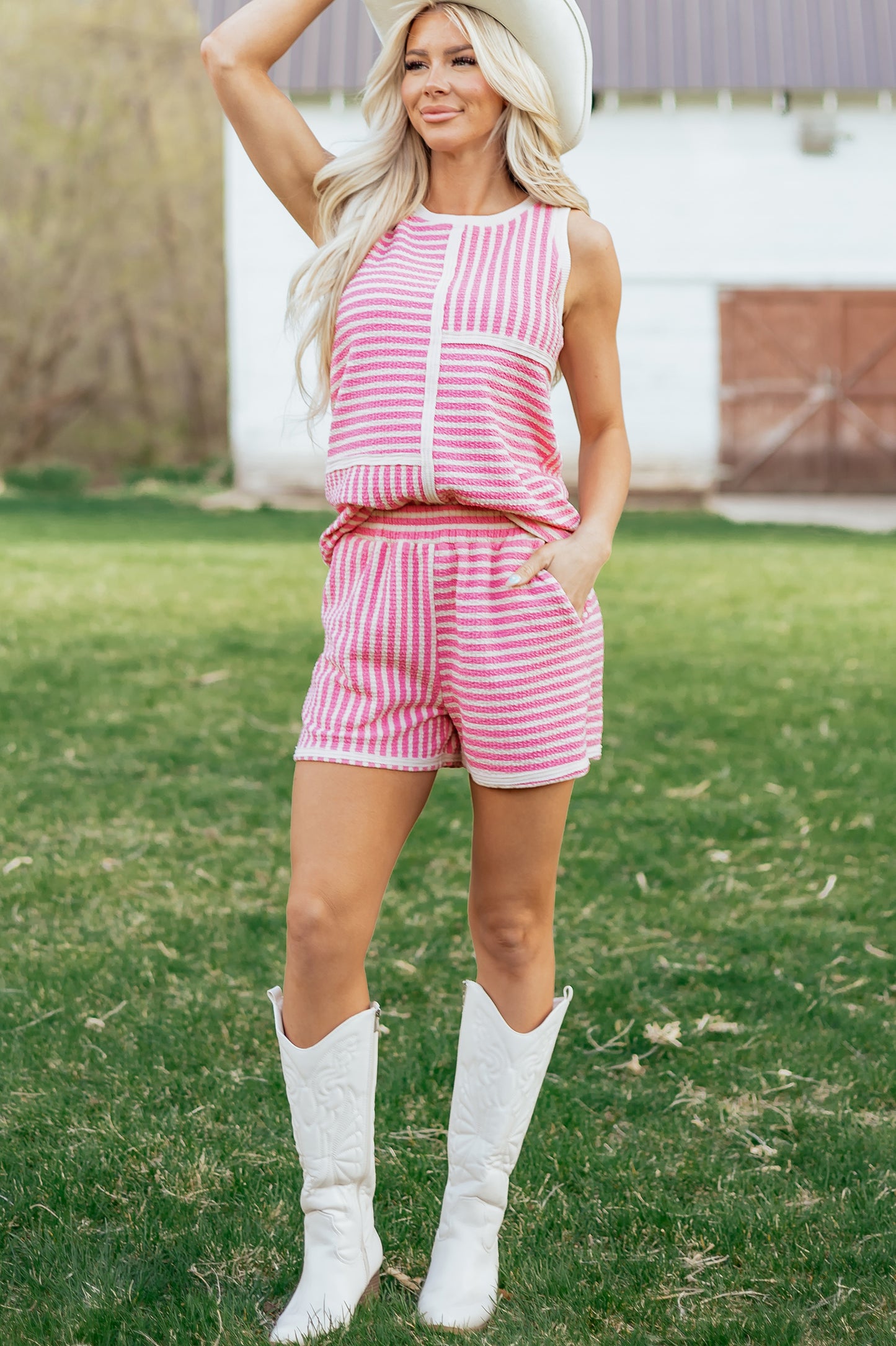 Pink Stripe Textured Contrast Trim Casual Tank and Shorts Set