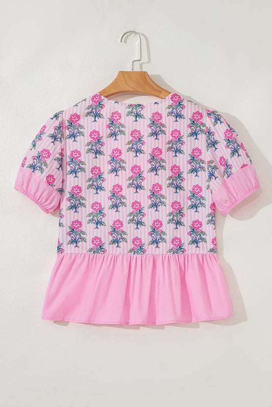 Rose Floral Striped Print Contrast Patchwork Ruffle Hem Blouse