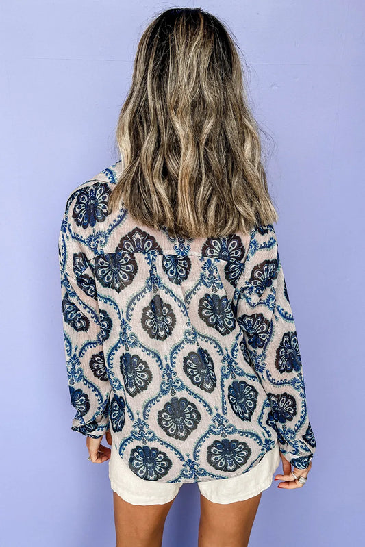 Blue Tribal Pattern Buttoned Front Loose Shirt - Chic Meadow Boutique