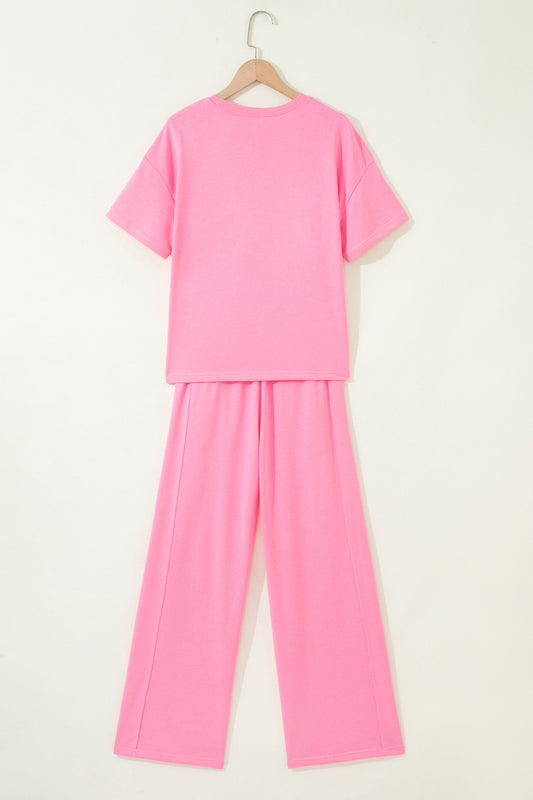 Sachet Pink Solid Cover Oversize Tee Pocketed Casual Pants 2pcs Outfit
