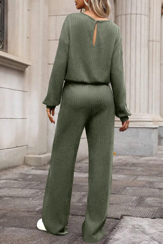 Bottoms/Jumpsuits & Rompers Laurel Green Solid Ribbed Knit Keyhole Back High Waist Jumpsuit