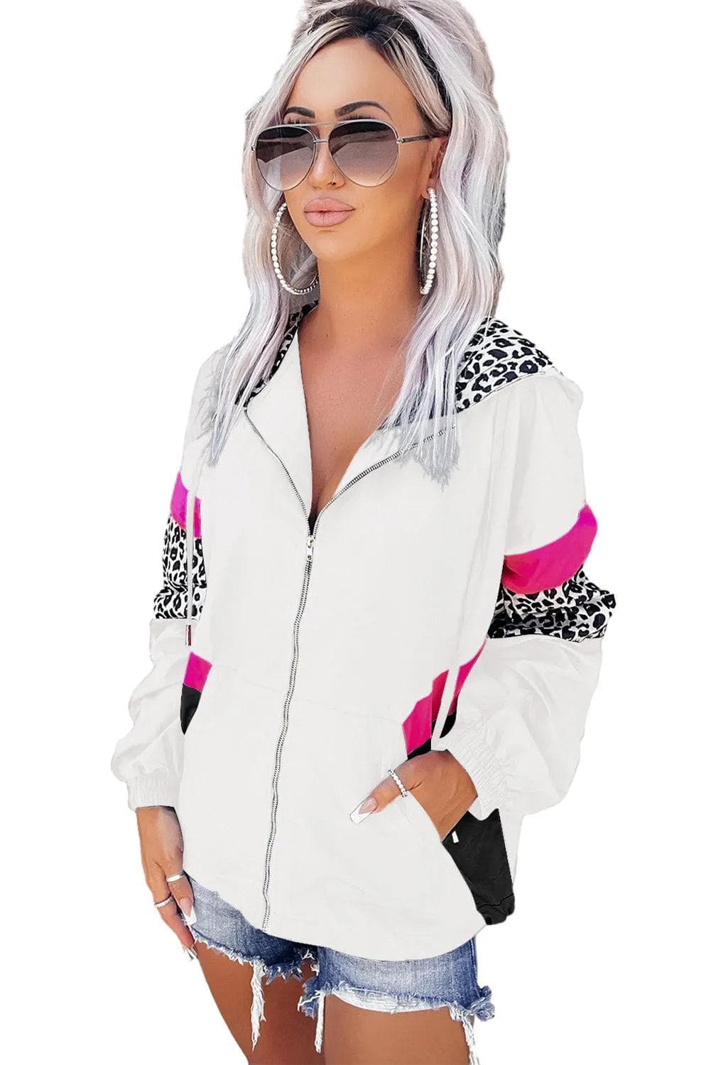 Outerwear/Jackets White Leopard Color Block Pockets Zip-up Hooded Jacket
