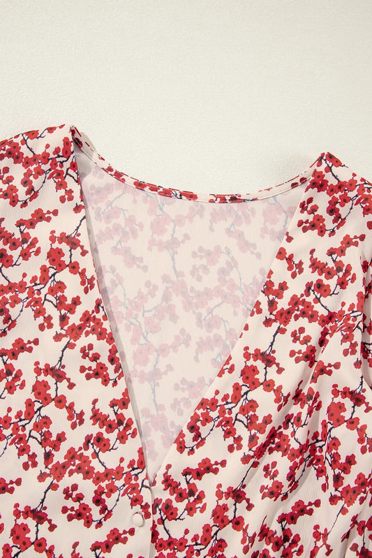 Red Floral Print Long Sleeve Open Back Blouse - Chic Meadow Boutique