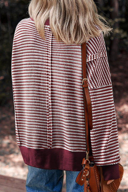 Red Stripe Ribbed Trim Drop Shoulder Long Sleeve Oversize Top
