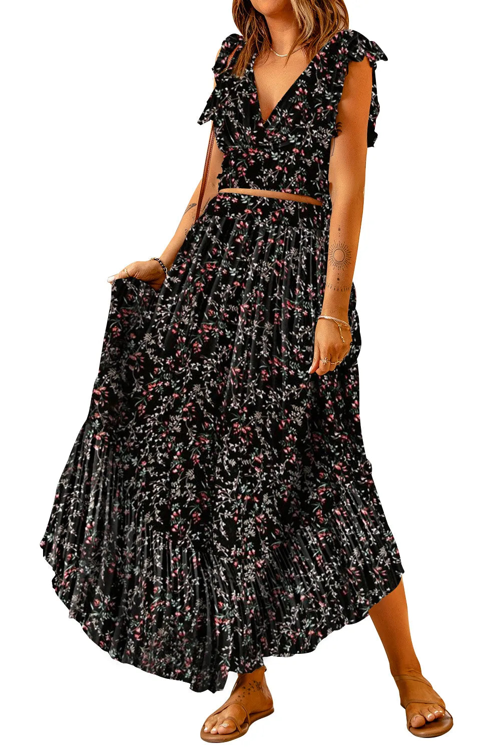Black Multicolor Floral Ruffled Crop Top and Maxi Skirt Set - Chic Meadow Boutique