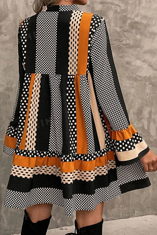 Black Striped Polka Dot Print Ruffled Hem V Neck Mini Dress - Chic Meadow Boutique