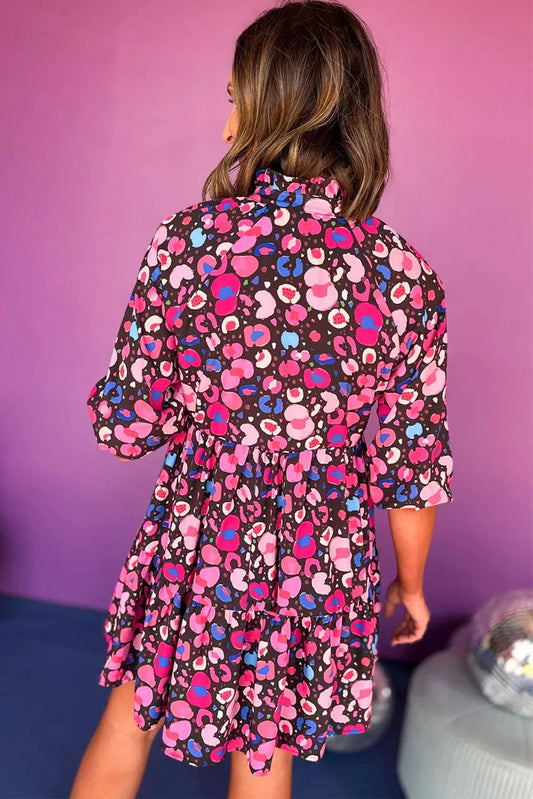 Rose Abstract Print V Neck Collared Half Sleeve Short Dress - Chic Meadow Boutique