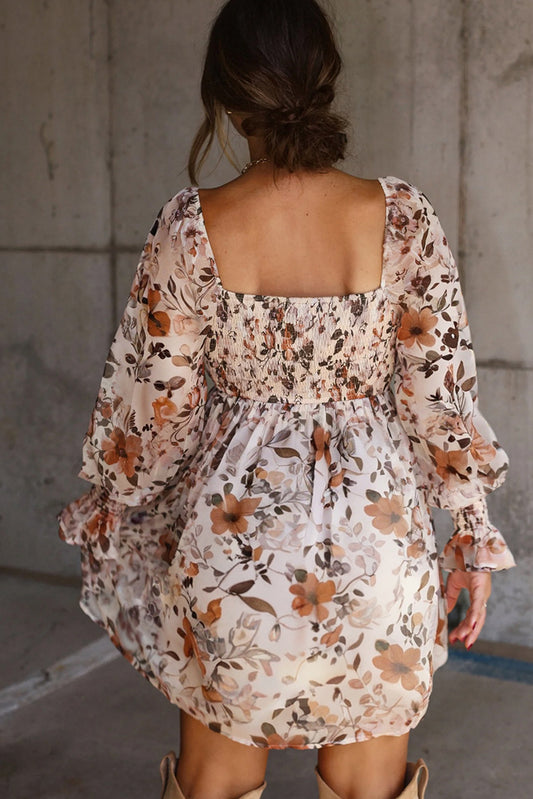White Floral Print Sweetheart Neck Long Sleeve High Waist Mini Dress