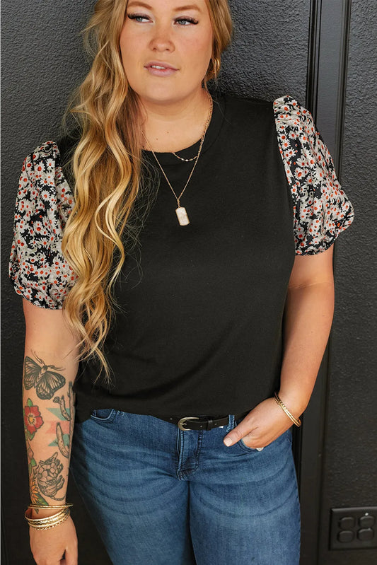 Black Daisy Printed Short Bubble Sleeve Plus Size Tunic Top - Chic Meadow Boutique