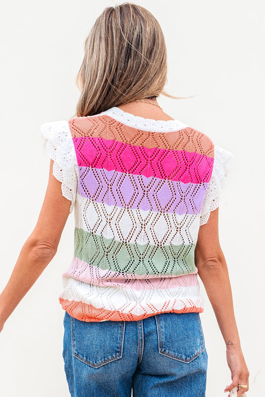 Rose Stripe Colorblock Hollowed Knit Scallop Edge Sweater Vest