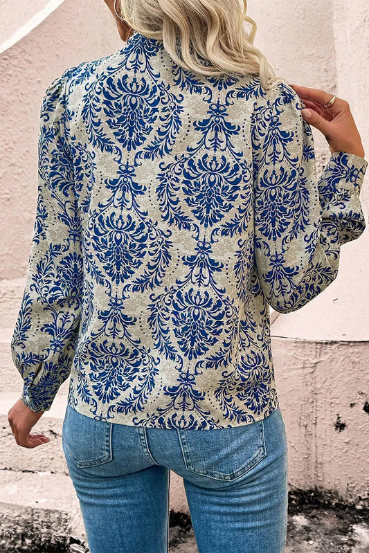 Sky Blue Bohemian Printed Bishop Sleeve Lace Shirt - Chic Meadow Boutique