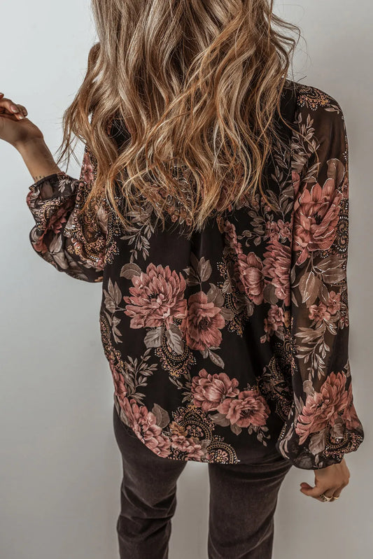 Black Floral Print Criss Cross V Neck Balloon Sleeve Blouse - Chic Meadow Boutique