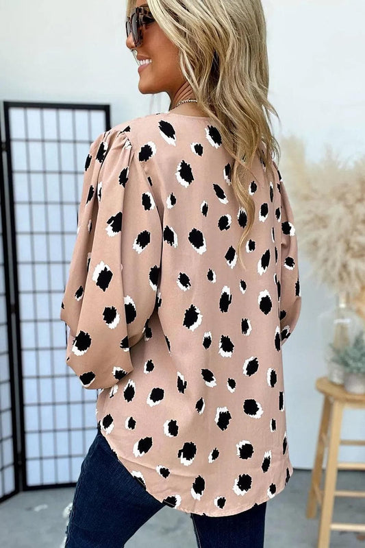 Tops/Blouses & Shirts Khaki Classic Leopard V Neck Bracelet Sleeve Blouse