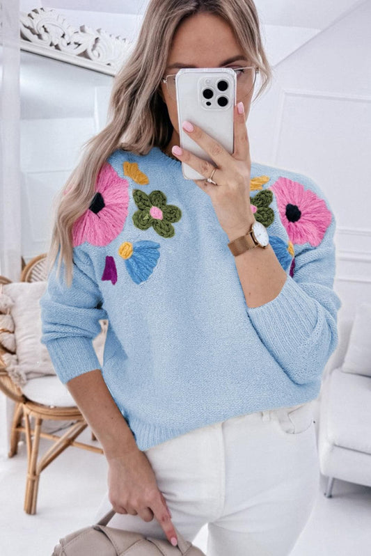 Sweaters & Cardigans/Sweaters Light Blue Knitted Flower Pattern Ribbed Edge Sweater