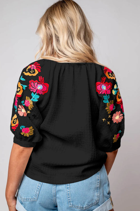Black Floral Embroidered Ricrac Puff Sleeve Textured Blouse - Chic Meadow Boutique