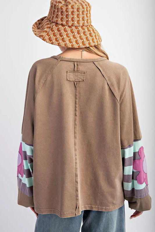 Plus Size/Plus Size Sweatshirts & Hoodies Light French Beige Flower Striped Patchwork Puff Sleeve Loose Sweatshirt
