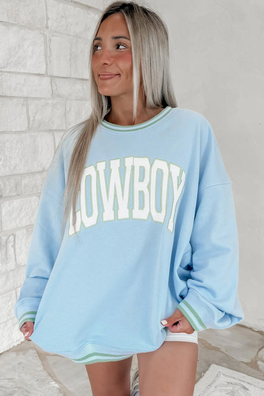 Beau Blue Embroidered Cowboy Letter Print Long Sleeve Round Neck Sweatshirt