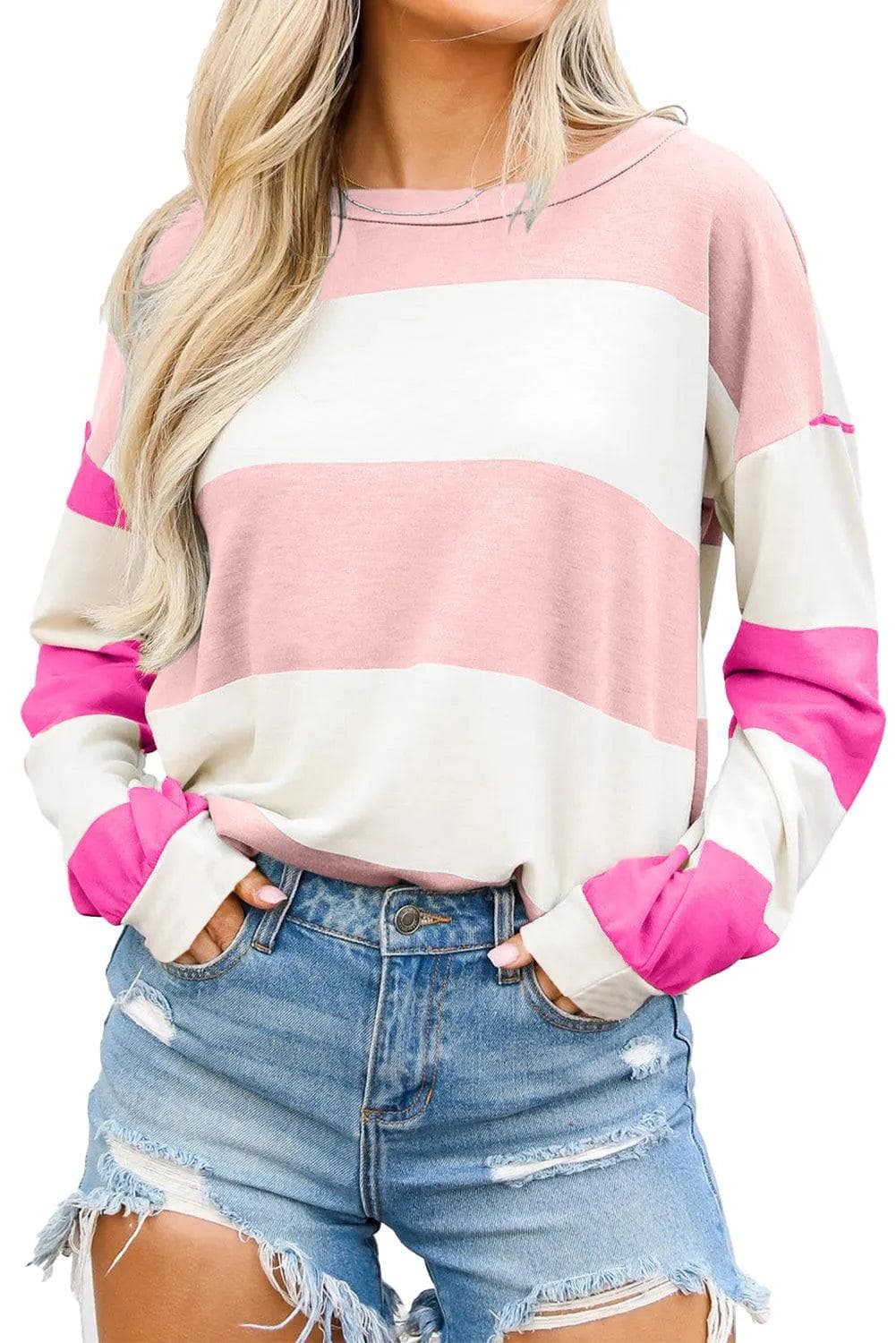 Tops/Long Sleeve Tops Light Pink Colorblock Striped Drop Shoulder Long Sleeve Top
