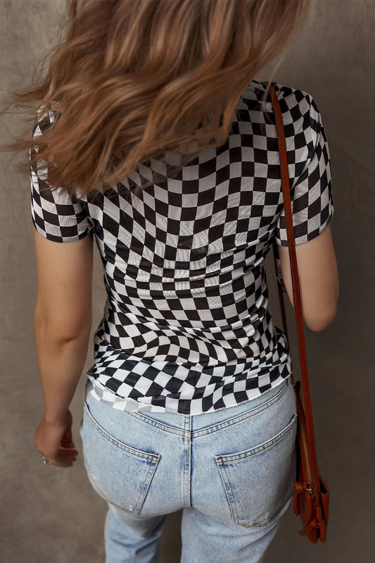 Black Checker Mesh Crew Neck T Shirt