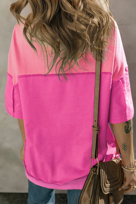 Rose Red Contrast Color Patchwork Half Button T Shirt - Chic Meadow Boutique